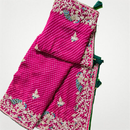 Pure Georgette leheriya embroidery with jari work peacock designer border saree - Image 3