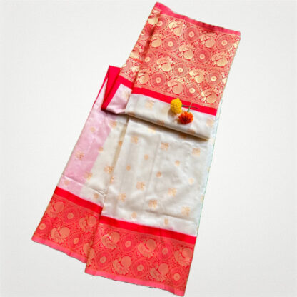 White silk saree with red hand weaving zari border - Image 3