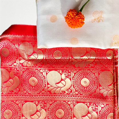 White silk saree with red hand weaving zari border - Image 2