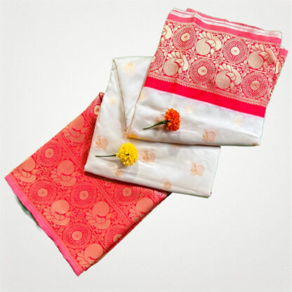 White silk saree with red hand weaving zari border - Image 4
