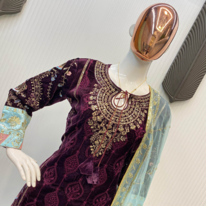 Winter season wear designer style velvet sequence embroidery work suit with dupatta