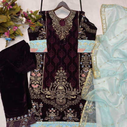 Winter season wear designer style velvet sequence embroidery work suit with dupatta - Image 2