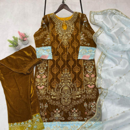 This winter season wear designer style velvet sequence embroidery work suit with dupatta - Image 4