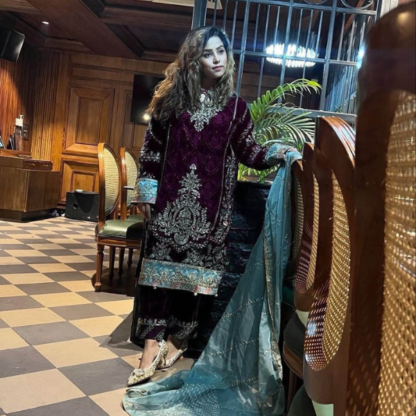 This winter season wear designer style velvet sequence embroidery work suit with dupatta