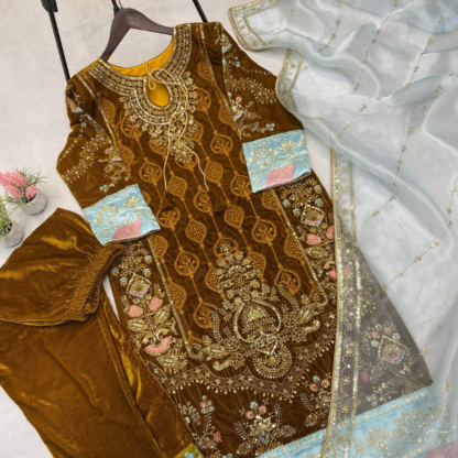 This winter season wear designer style velvet sequence embroidery work suit with dupatta - Image 6