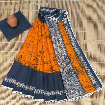 Bagru Block Print Cotton mulmul Sarees With Running Blouse