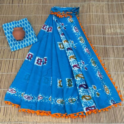 Bagru Block Print Cotton mulmul Sarees With Running Blouse