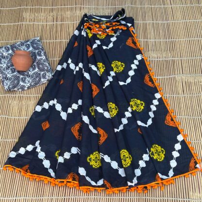 Bagru Block Print Cotton mulmul Sarees With Running Blouse