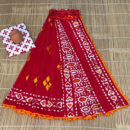 Bagru Block Print Cotton mulmul Sarees With Running Blouse