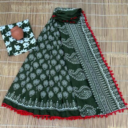 Bagru Block Print Cotton mulmul Sarees With Running Blouse