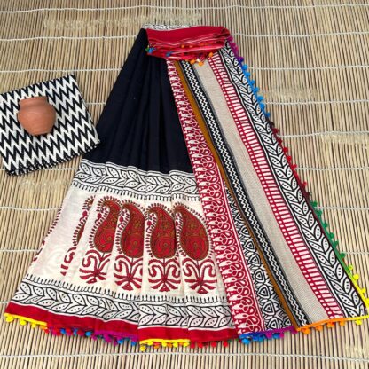 Bagru Block Print Cotton mulmul Sarees With Running Blouse