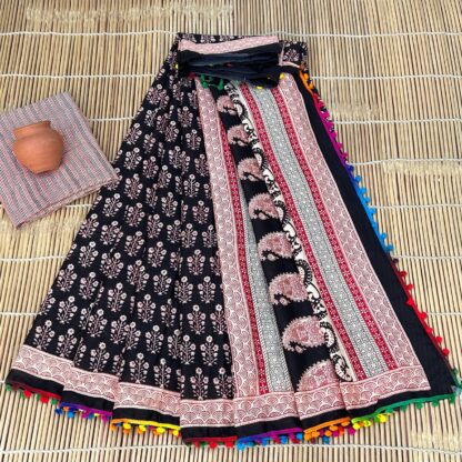 Bagru Block Print Cotton mulmul Sarees With Running Blouse