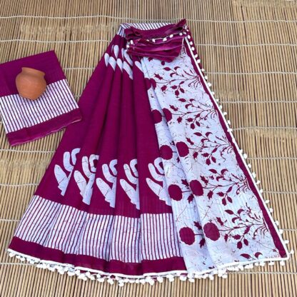 Bagru Block Print Cotton mulmul Sarees With Running Blouse
